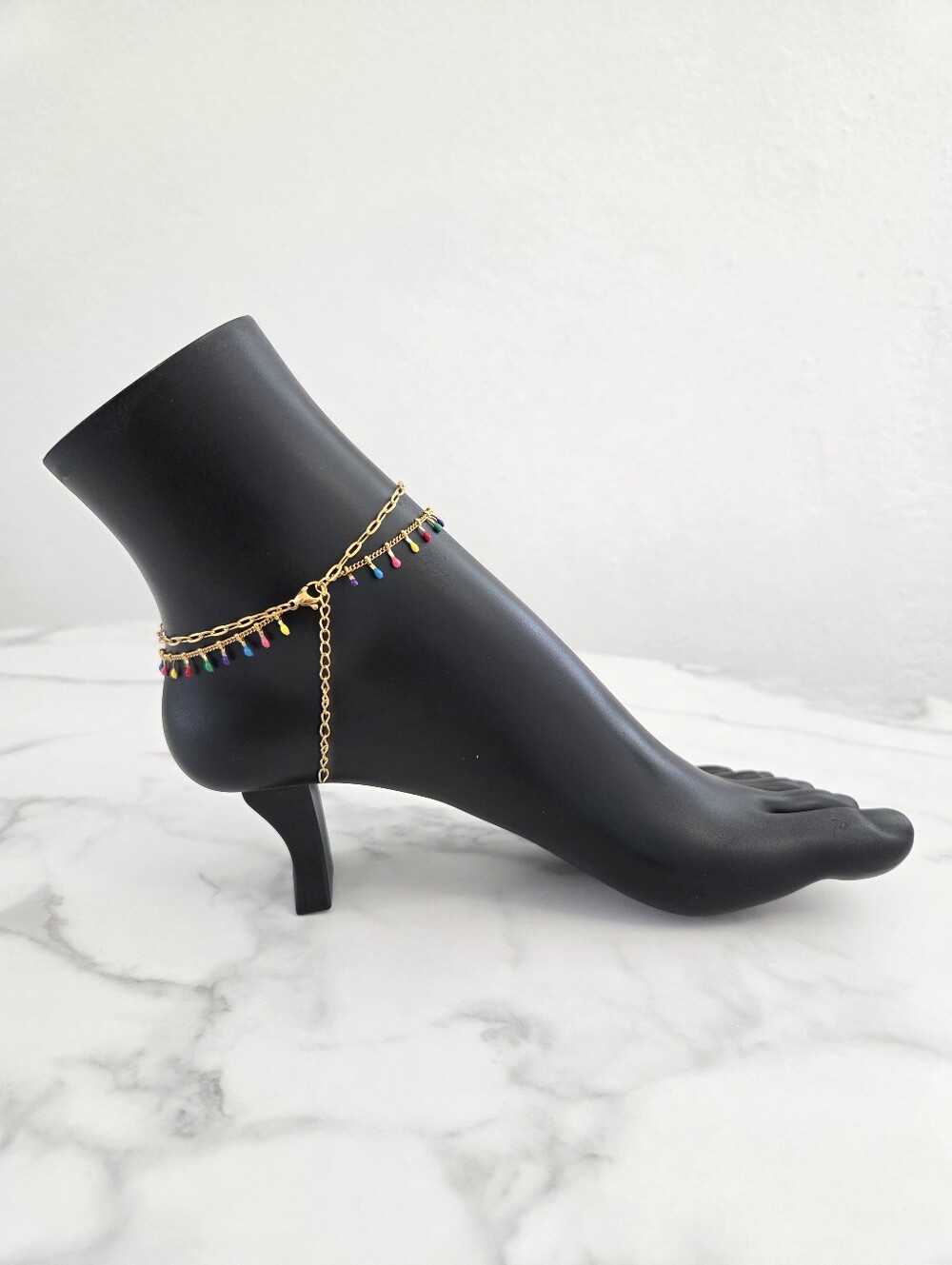 Multicolor Layered Dangle Anklet Colorful Bead Drop Double Chain Beach Jewelry - Picture 7 of 13